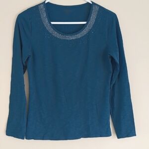 XXS Coldwater Creek Blue Blingy Long Sleeve Shirt Top Cotton Blend